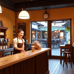 **A cozy coffee shop atmosphere with warm lighting, friendly staff, and a customer loyalty program displayed. Focus on the welcoming ambiance.**