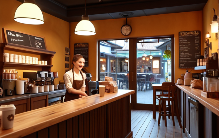 **A cozy coffee shop atmosphere with warm lighting, friendly staff, and a customer loyalty program displayed. Focus on the welcoming ambiance.**