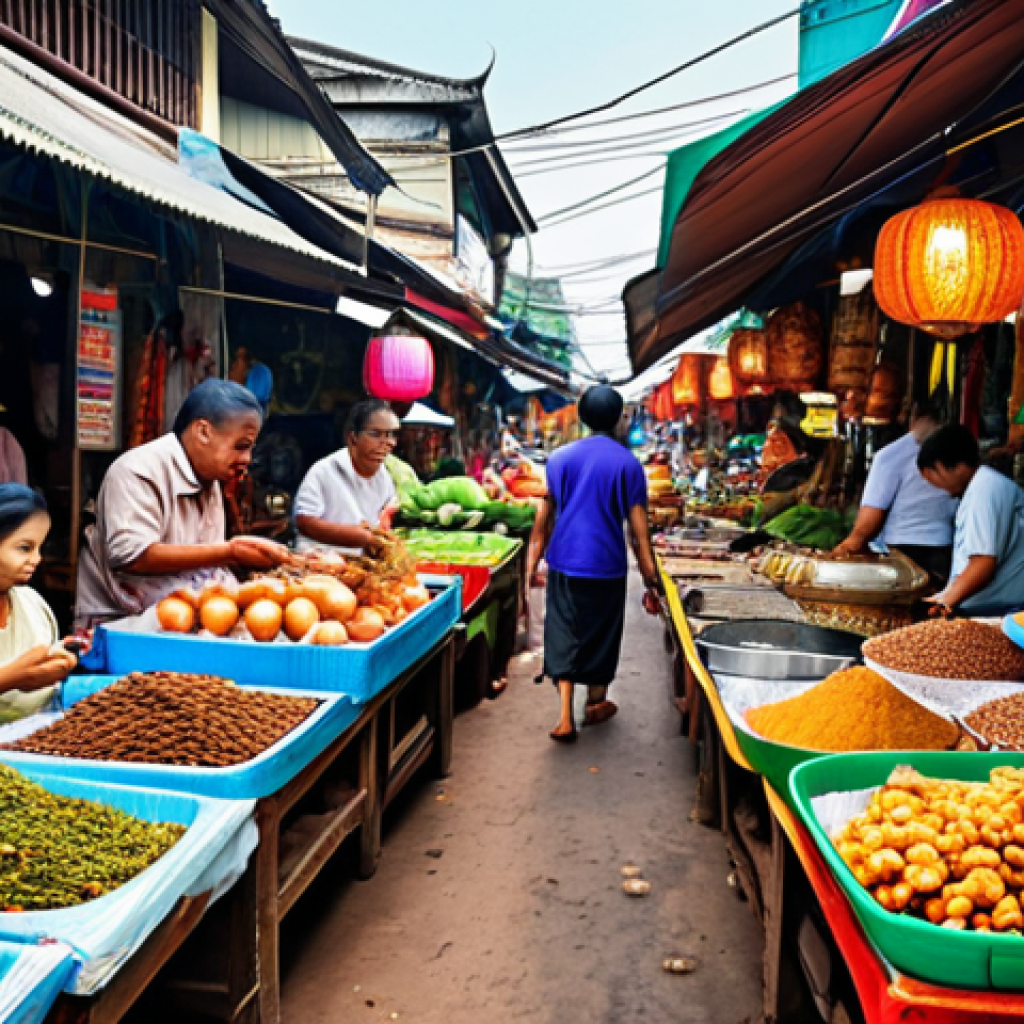 ** "Busy Thai marketplace with vibrant colors, street food vendors, and traditional crafts. Focus on the energy and bustling atmosphere."

**