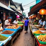 ** "Busy Thai marketplace with vibrant colors, street food vendors, and traditional crafts. Focus on the energy and bustling atmosphere."

**