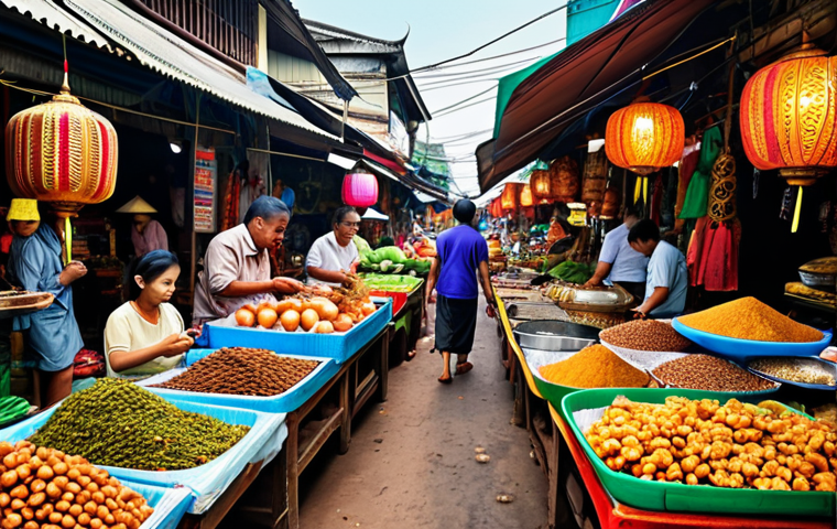 ** "Busy Thai marketplace with vibrant colors, street food vendors, and traditional crafts. Focus on the energy and bustling atmosphere."

**