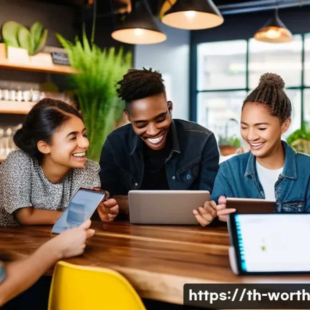 가치 제안의 혁신적 접근 방식 - **Prompt:** A vibrant and diverse community gathering around a modern, eco-friendly cafe. The scene ...